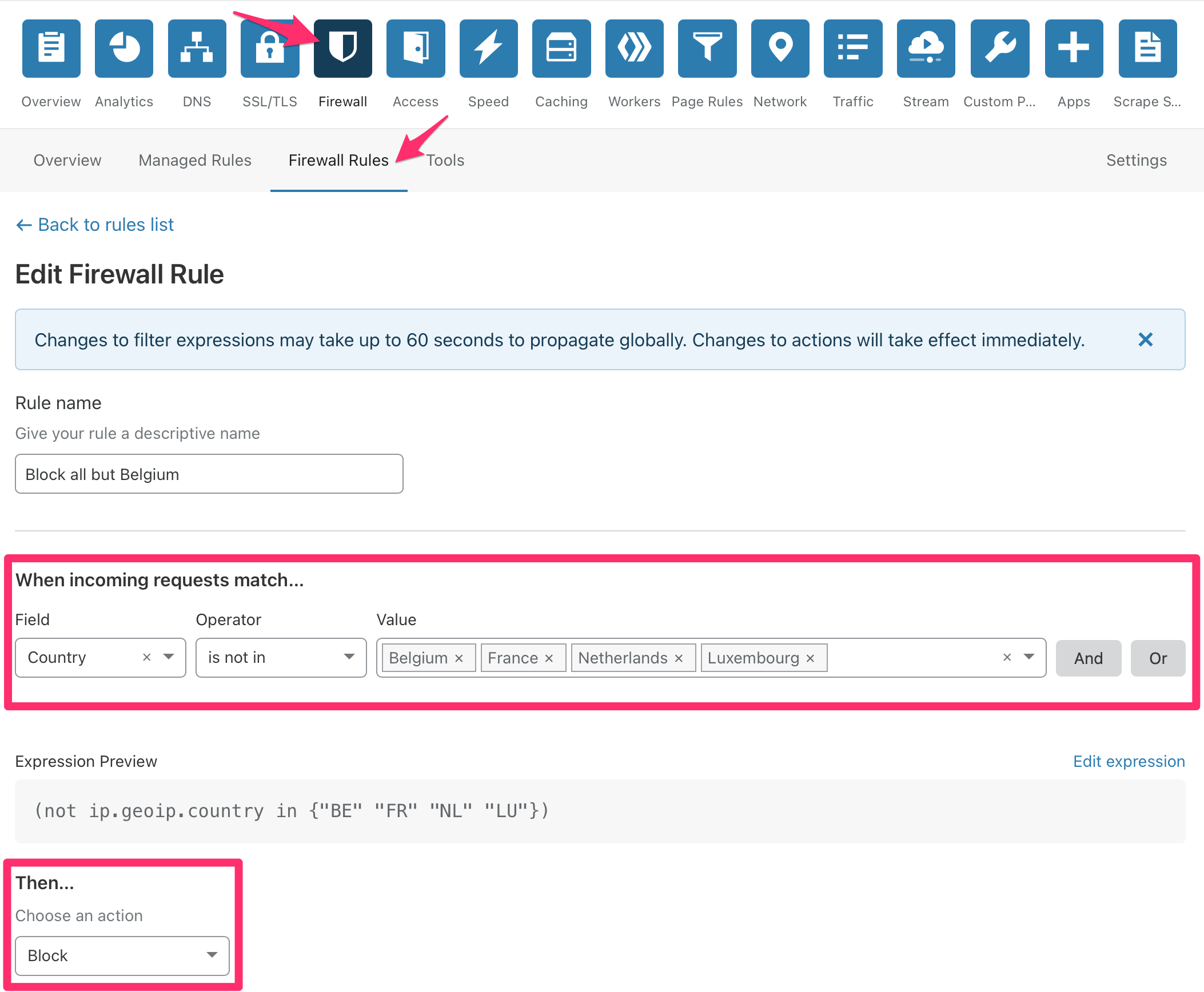 Cloudflare firewall rule to block traffic from outside Belgium