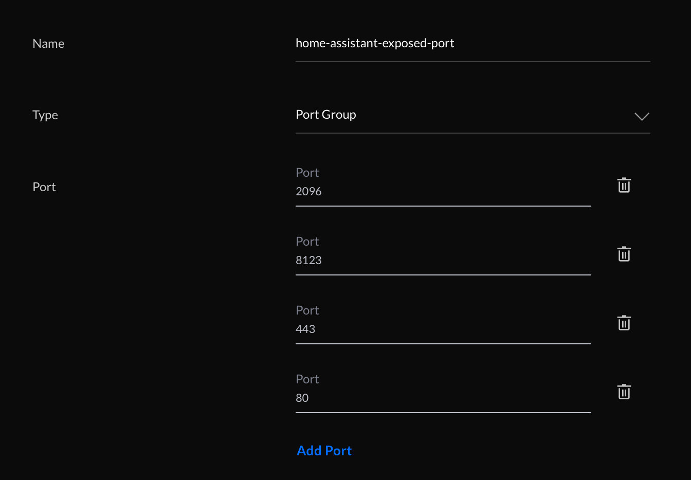 Unifi: Port group with all exposed ports