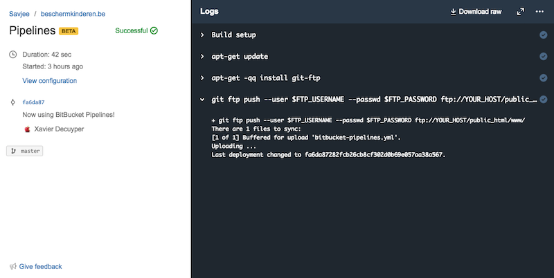 The output of one BitBucket Pipelines build